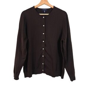 Lands End Womens XL Chocolate Brown Cotton Blend Button Front Cardigan Sweater